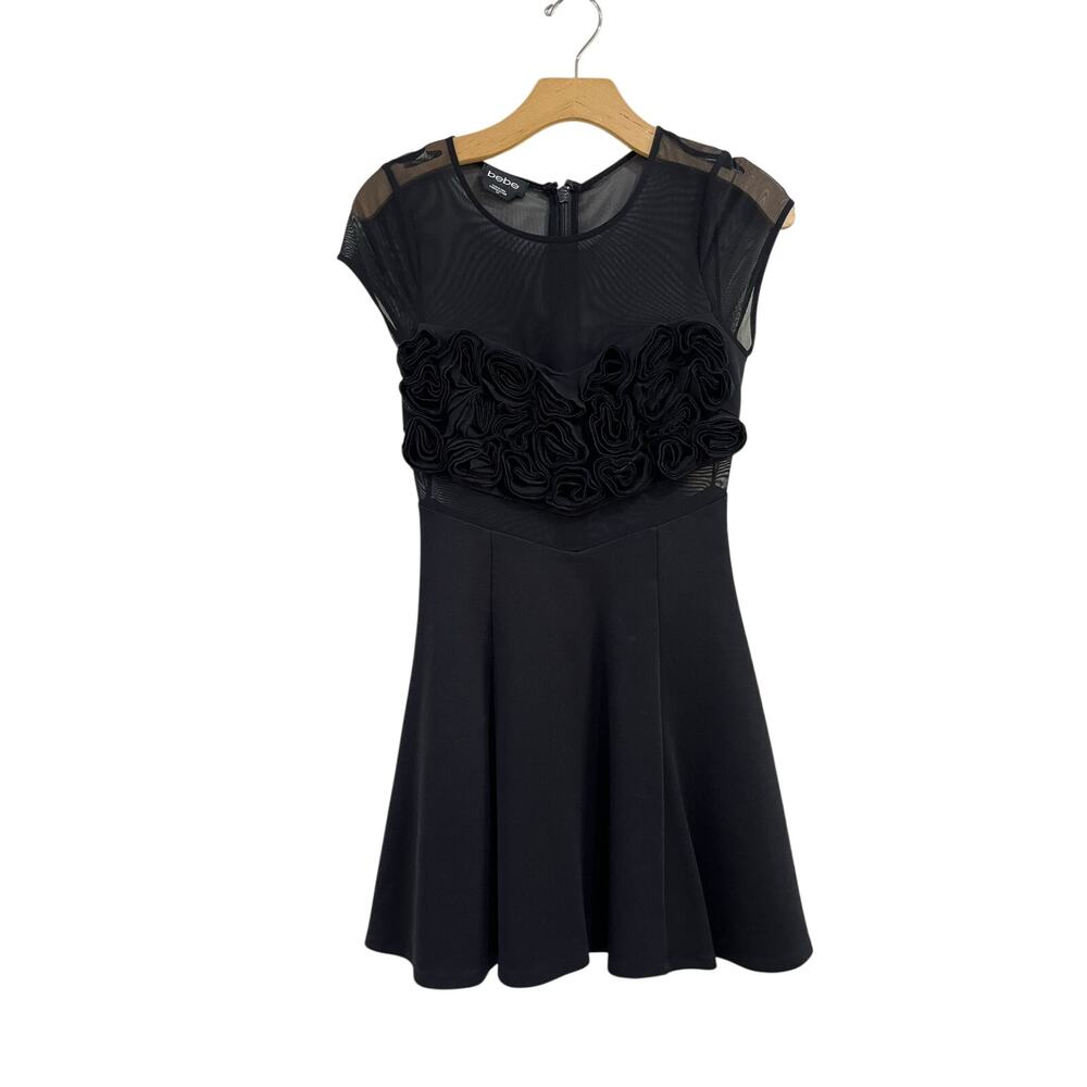 Bebe Y2K Black Sheer Mesh Rosette Skater Mini Dress Party Night Out Sz Small